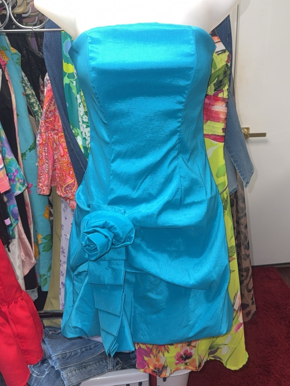 Y2K Vintage Bibian USA Strapless Teal Cocktail Dress with Rosette Detail